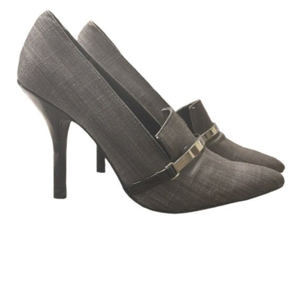 Nine West Slip On Pump High Heel Stilettos Pointy Toe Gray Canvas Shoes Size 6